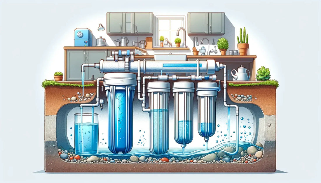 A cross-section of a water filtration system