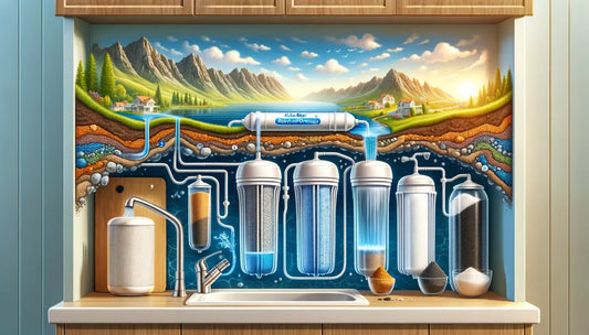 An AI-generated image of a cross-section of a water filteration system underneath a landscape
