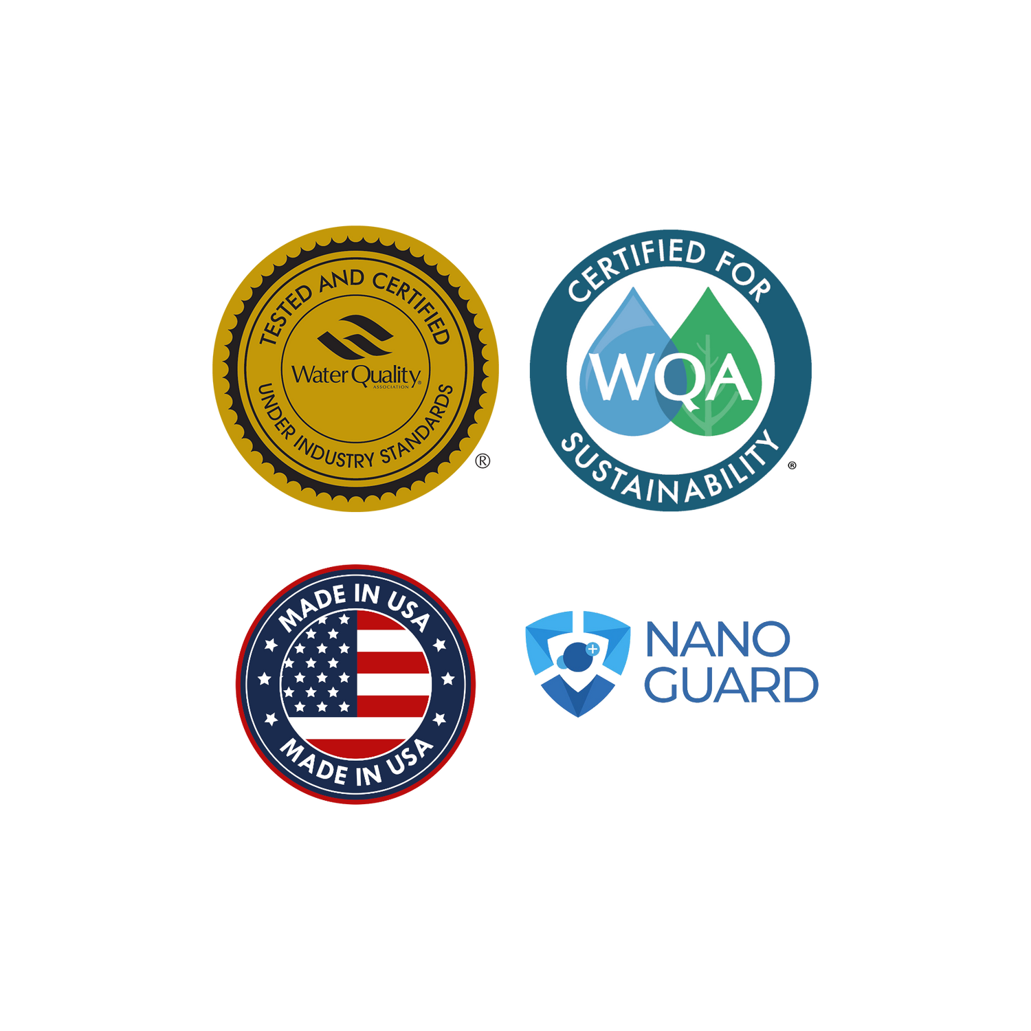Certification badges that include Water Quality, WQA, NanoGuard